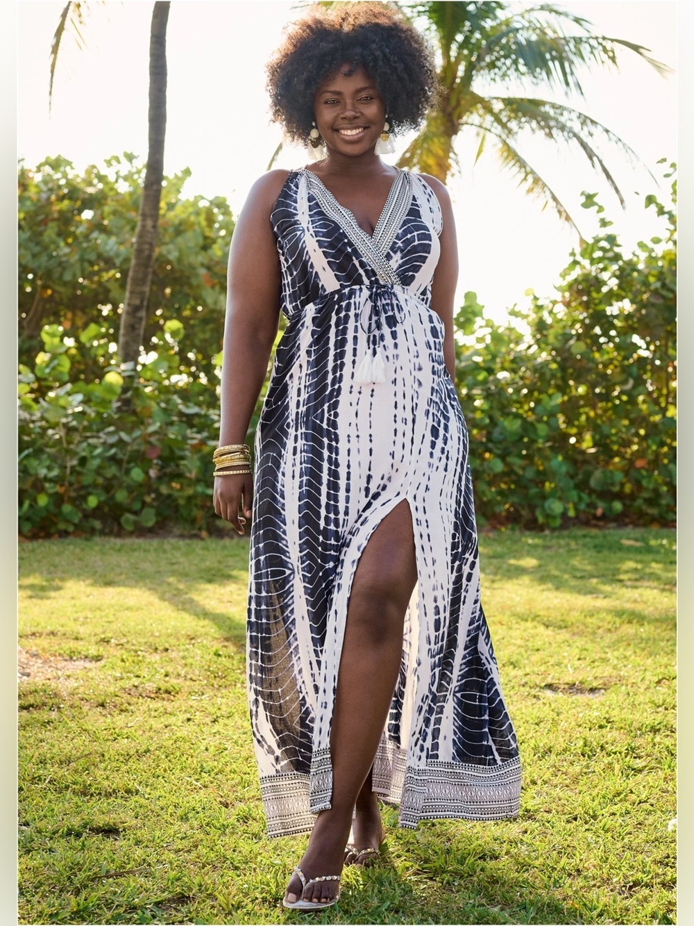 VENUS Navy and White Tie-Dye Maxi Coverup with Crochet Trim NWOT